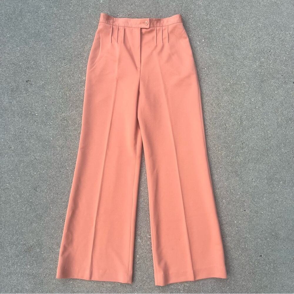 Vintage 60s 70s Peach Polyester Bell Flare Pants Pleat Tuck Waist 26” WAIST